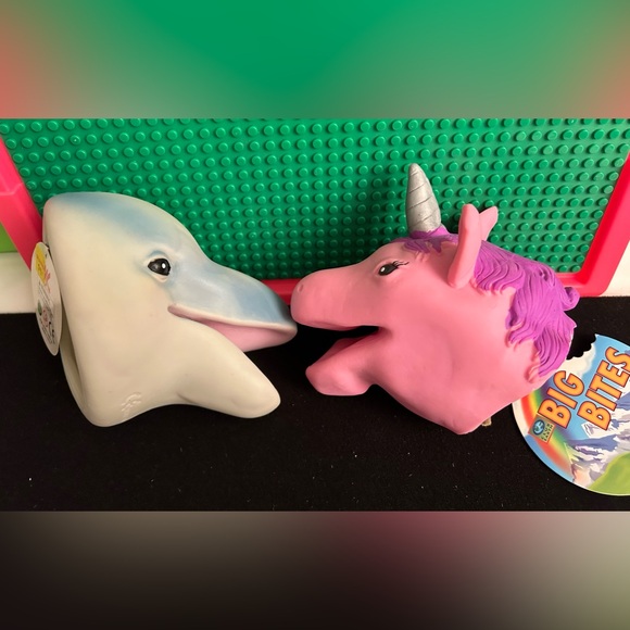 “Pink Unicorn” and “Porpoise” (a.k.a. Dolphin), New, Stretchy Hand Puppets - Picture 1 of 10